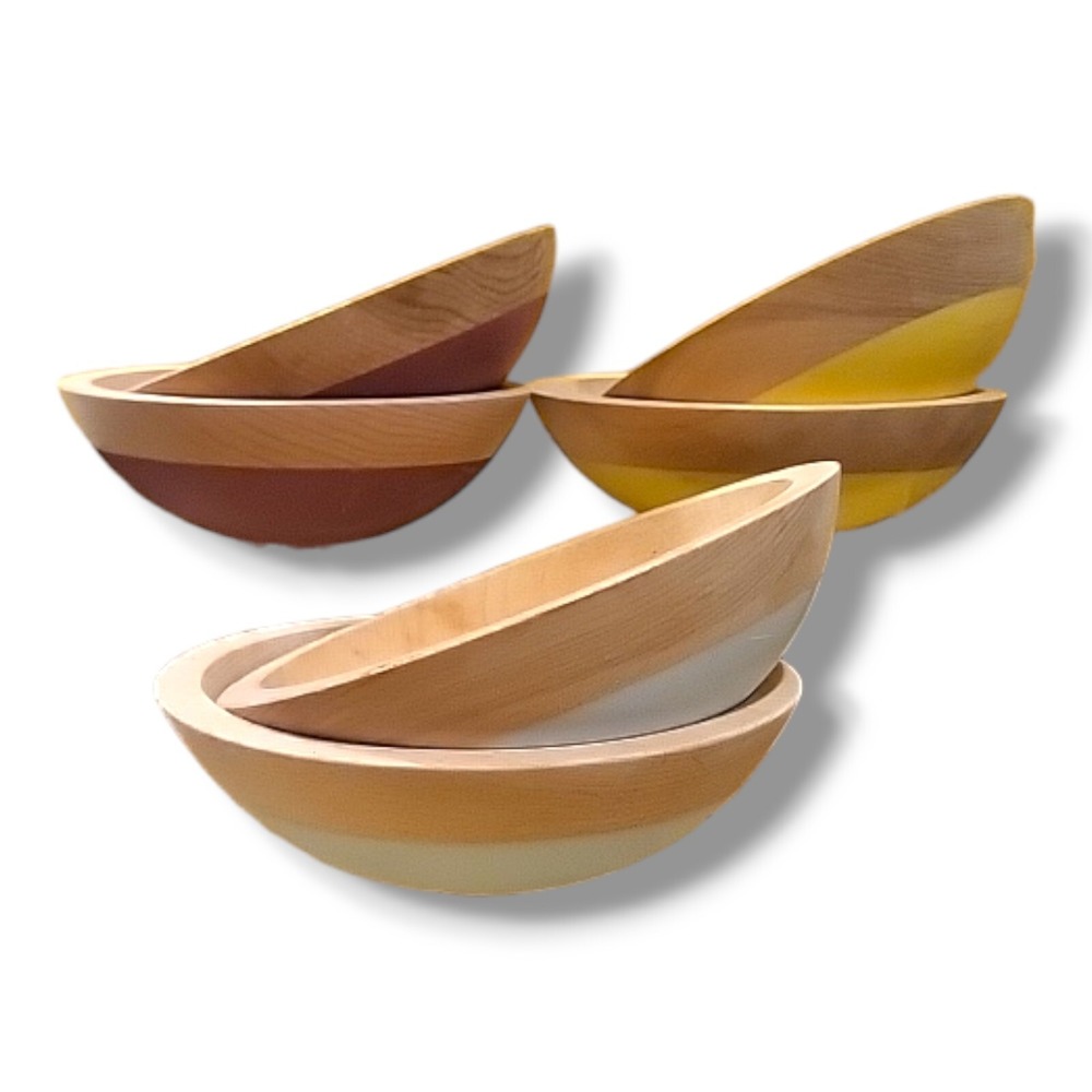 Set Of 6 Wooden Serving Bowls Dipped In Slip Resistant Food Safe Rubber, 7 Inch